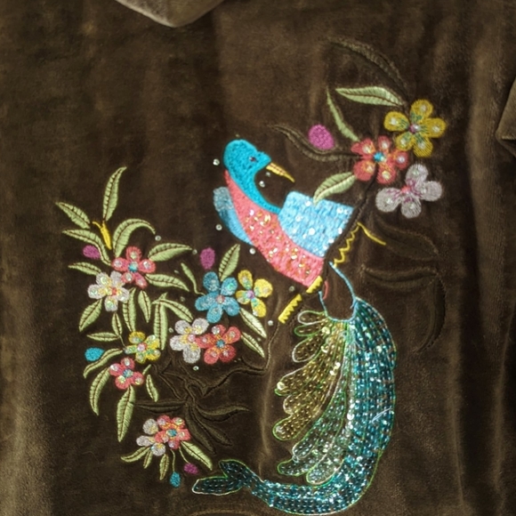 BCBG Y2K Green Velour Jacket 1X Sequin Peacock Design Zip Up Hoodie Sweater - Picture 4 of 8